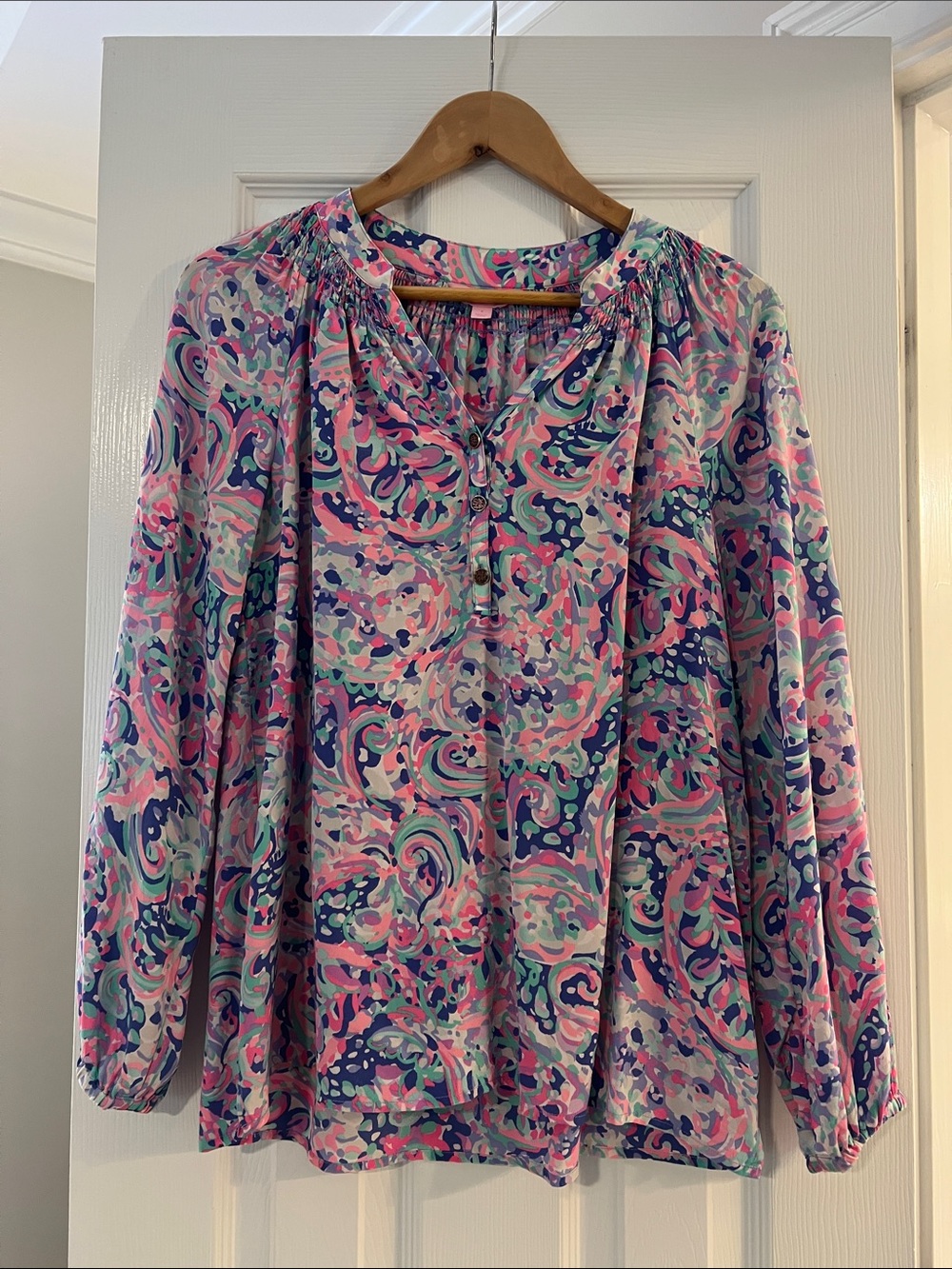 Lilly Pulitzer Pink & Blue Swirl Print Peasant Top